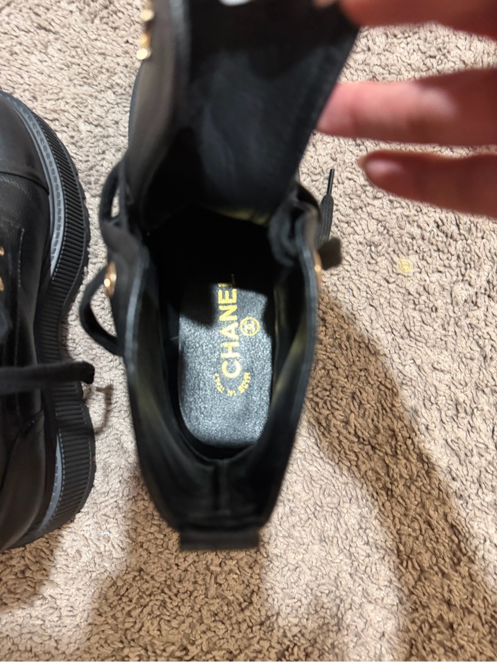 Chanel Black Leather Combat Boots Gold CC Logo Platform Lug Sole Women’s Size 9 - Picture 7 of 8